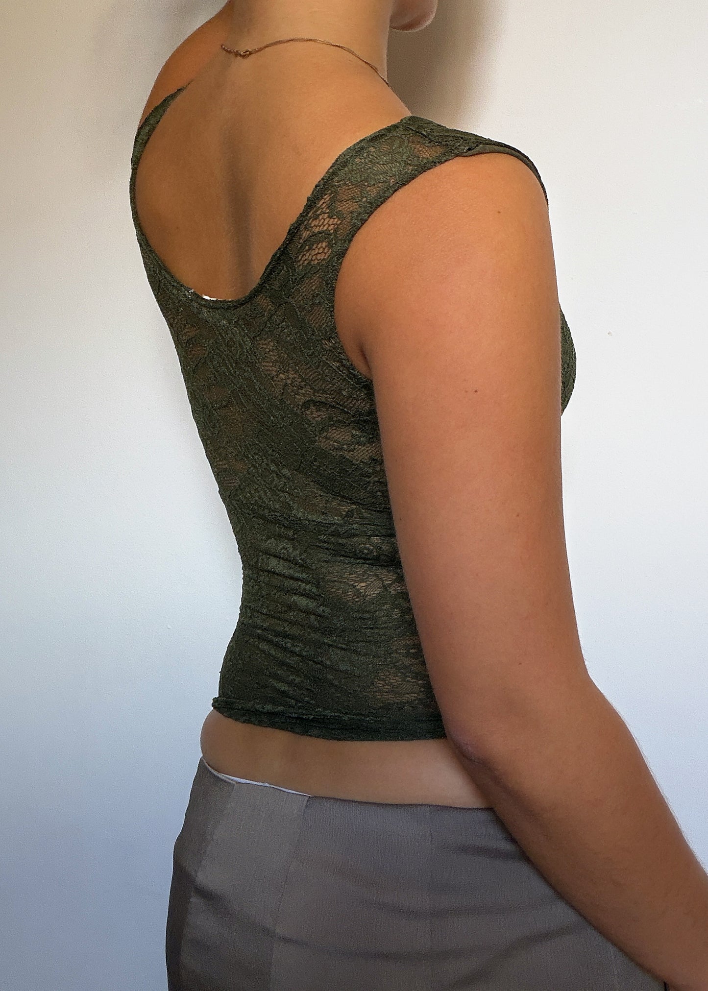 The Sofia in Fern - green lace cami top, back view