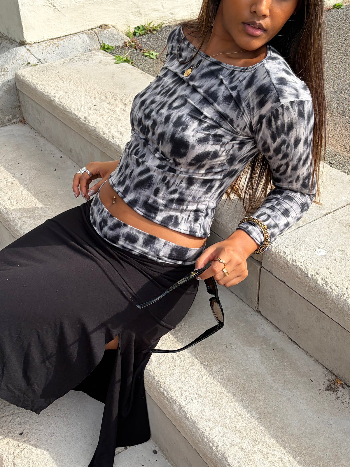 Pretty in Peach - The Lisboa Top in Leopard, seated detail