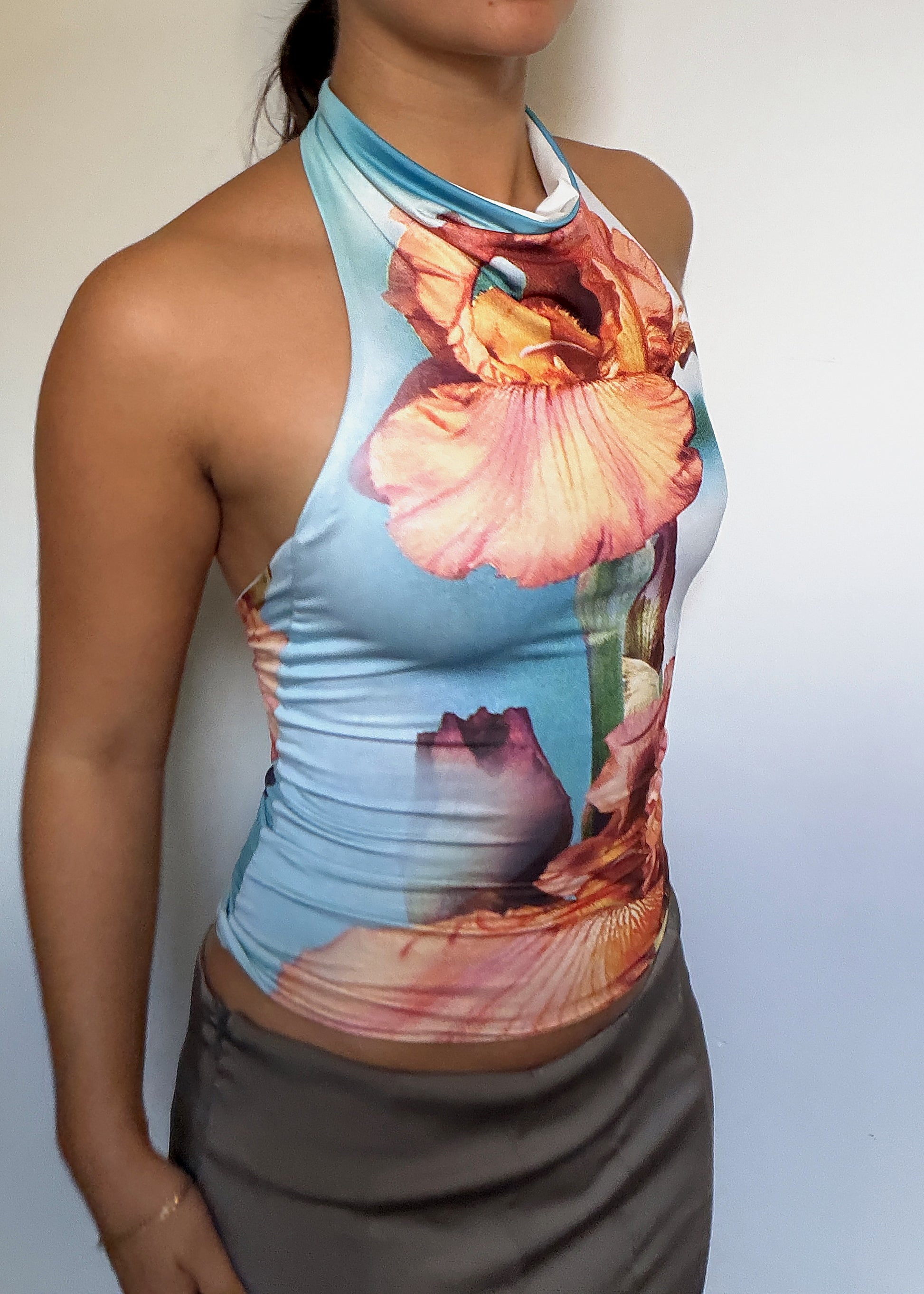 The Roma in Iris - iris print halter top, front angle