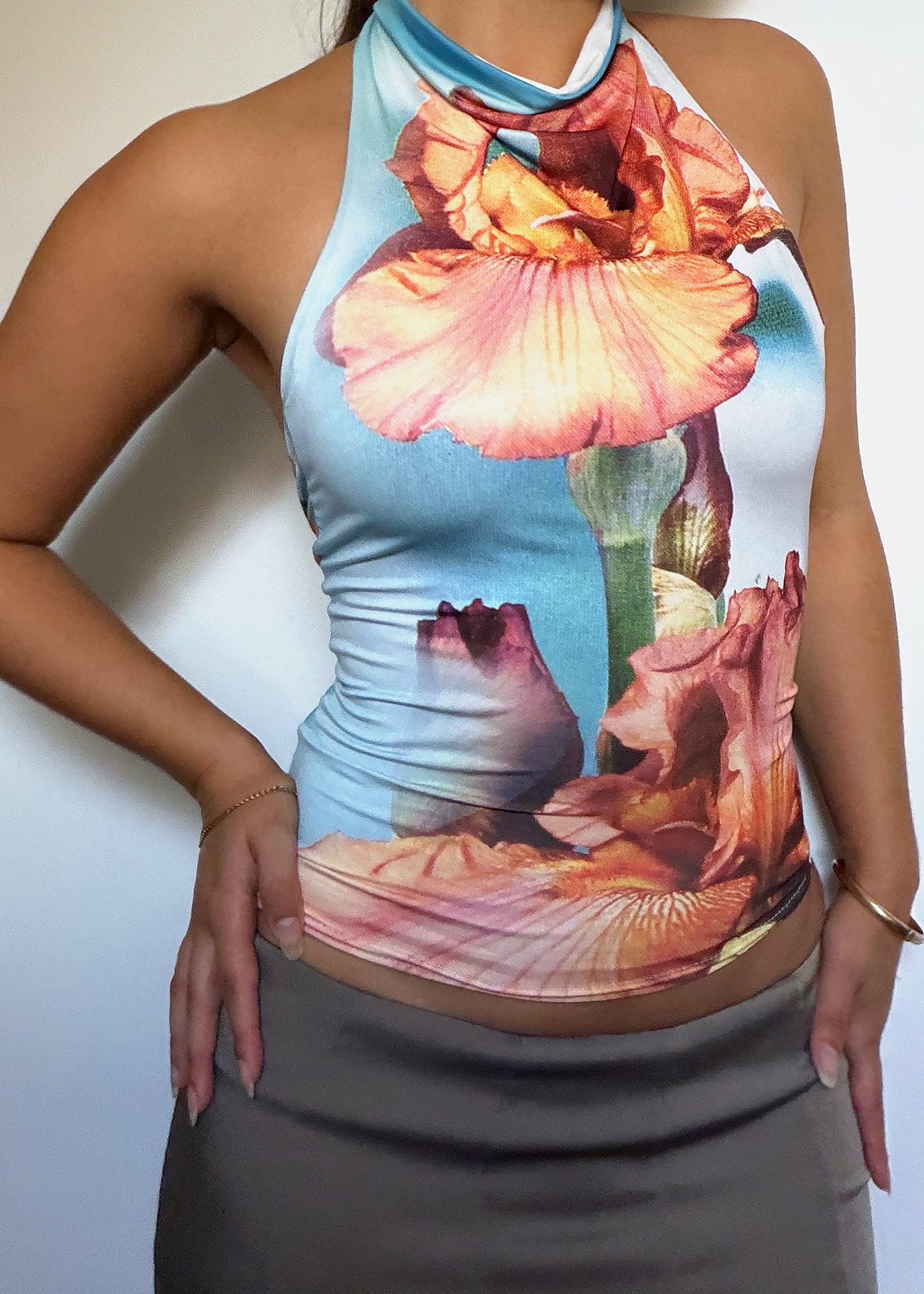 The Roma in Iris - iris print halter top, showing fit and length