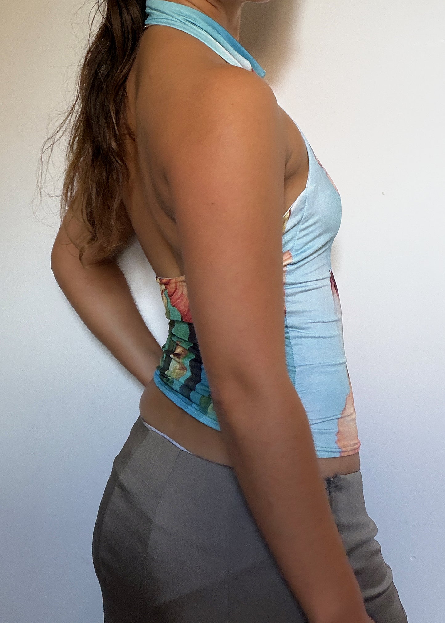 The Roma in Iris - iris print halter top, open back detail
