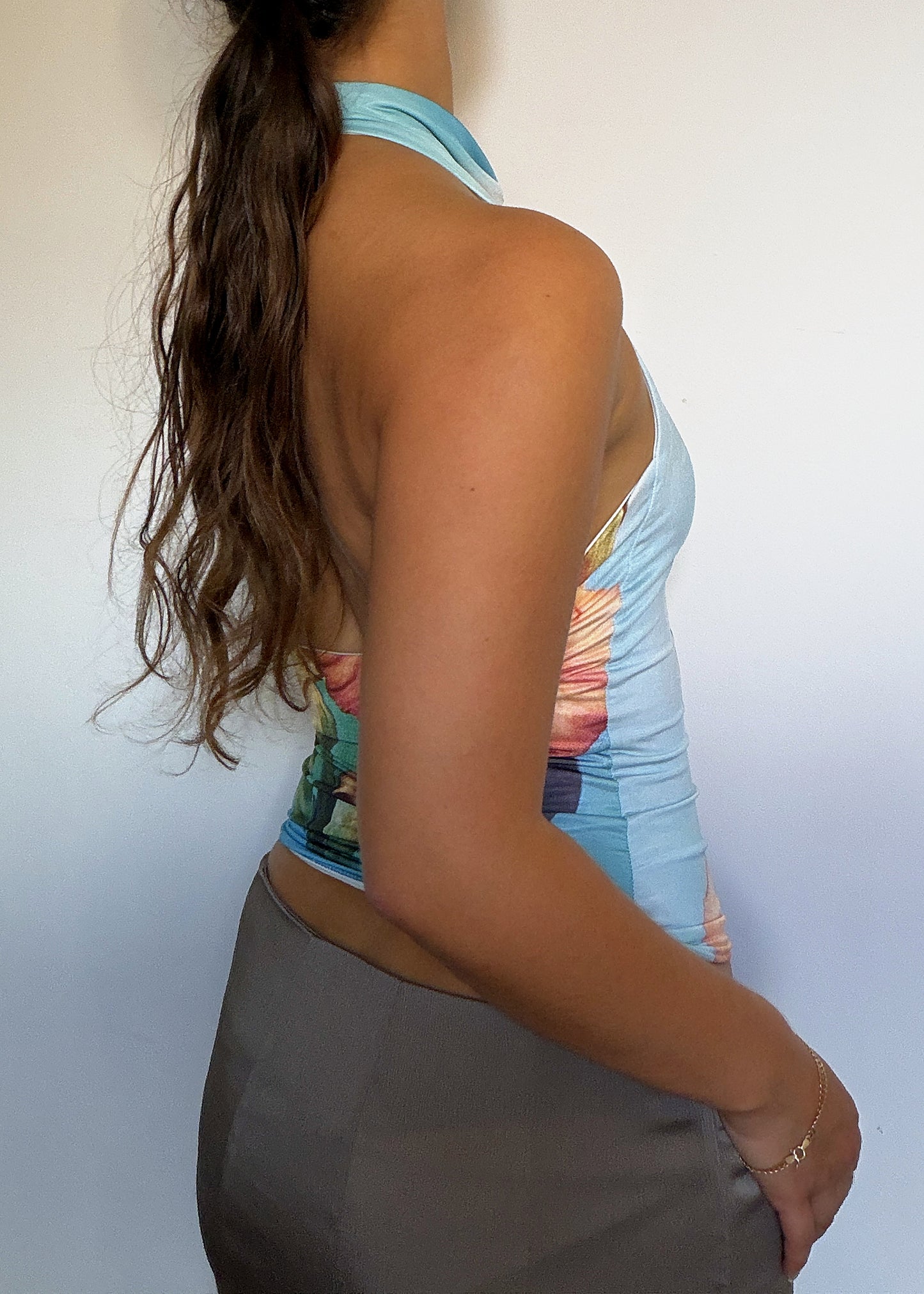 The Roma in Iris - iris print halter top, back view
