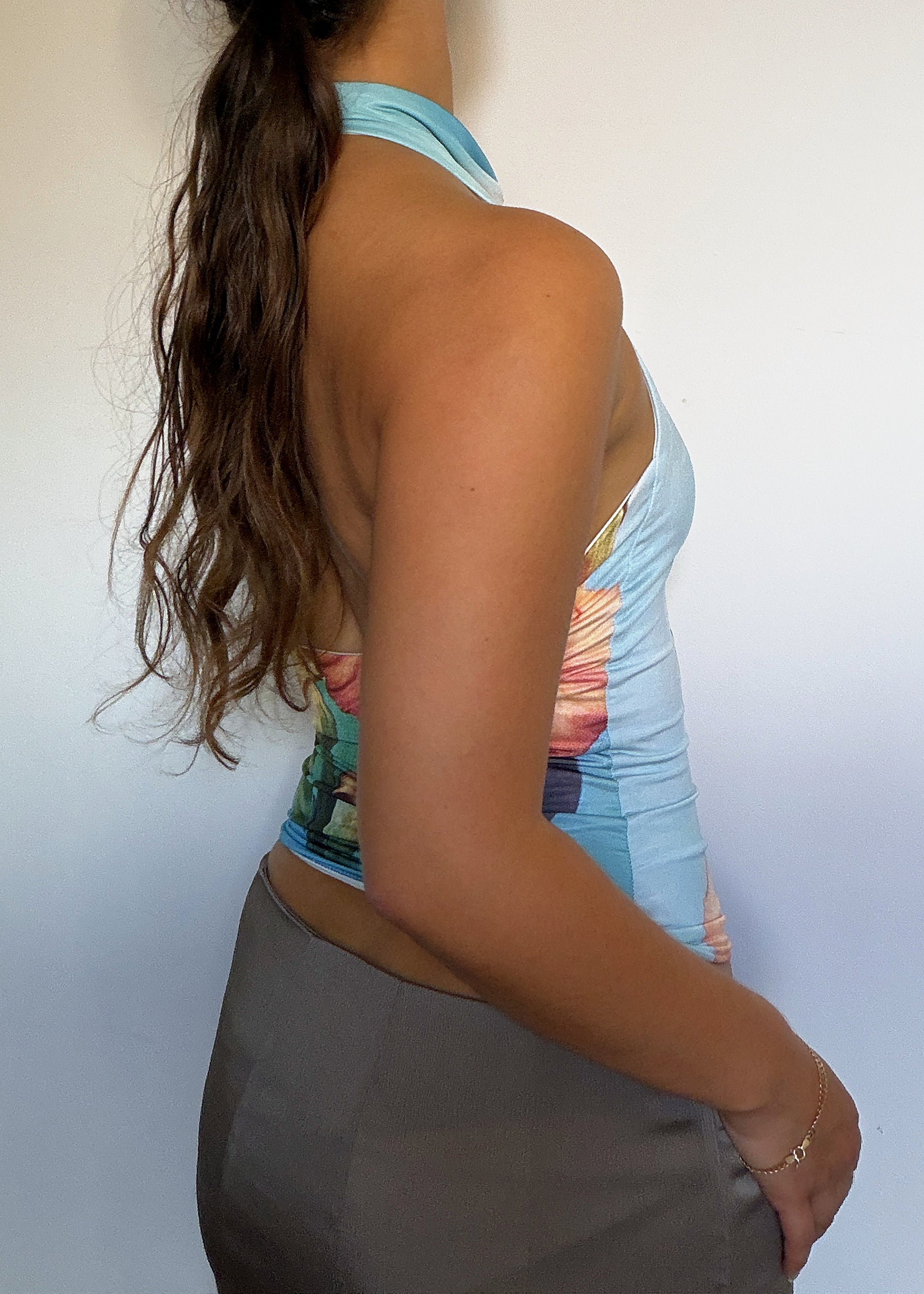 The Roma in Iris - iris print halter top, back view