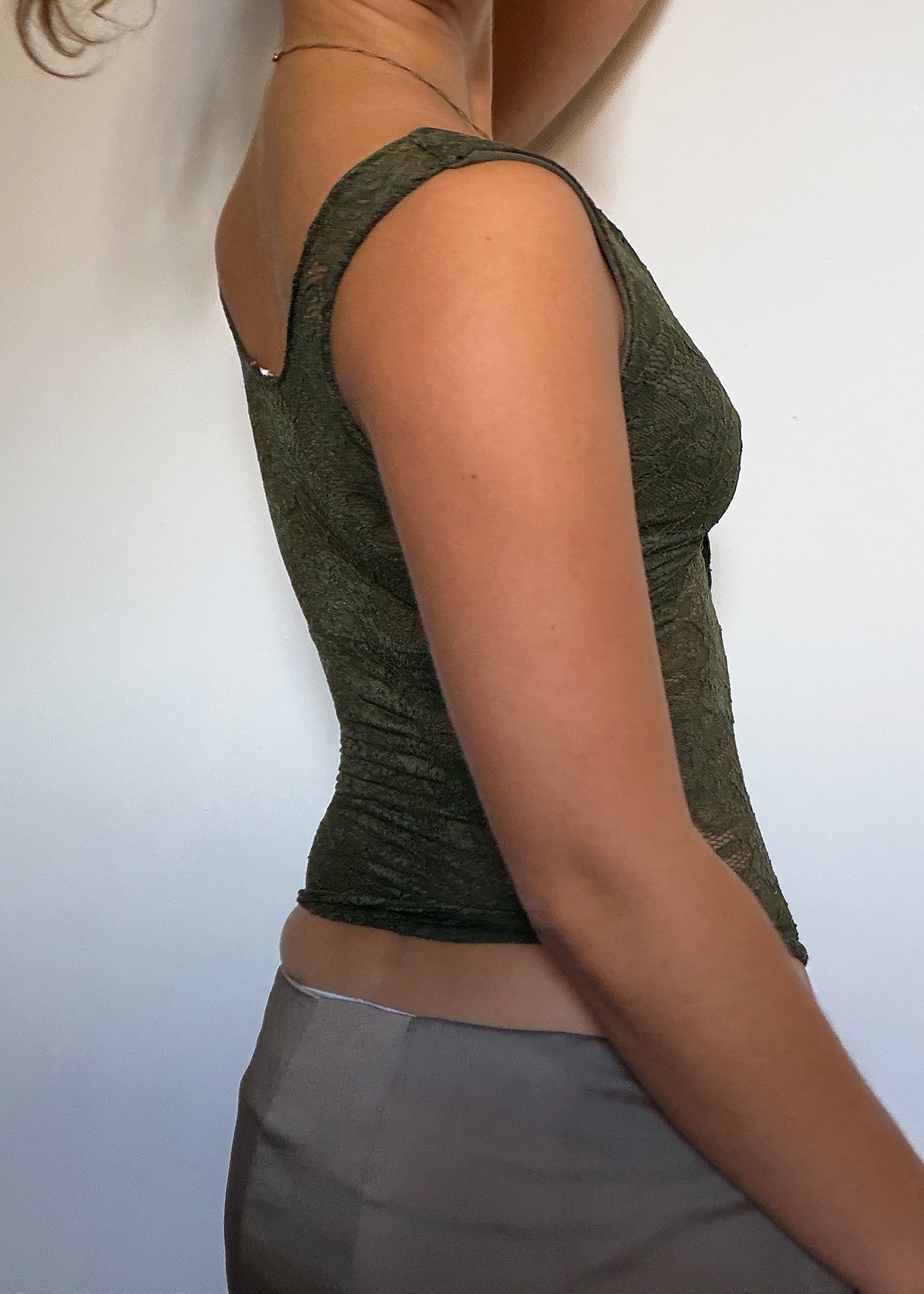 The Sofia in Fern - green lace cami top, side view